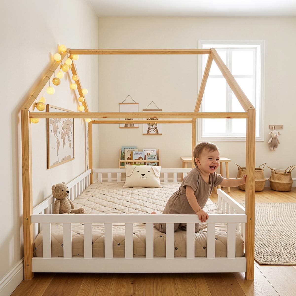 HAUSBETT Treviolo - Weiß/Naturfarben, Holz (120/200cm) - [en.casa]