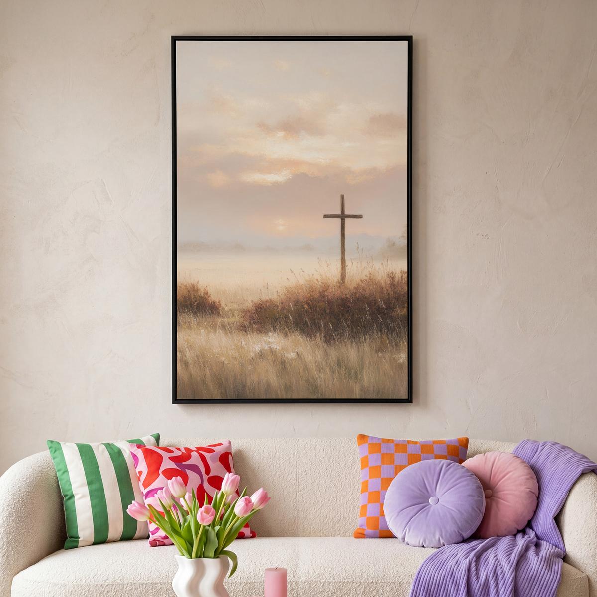 LEINWAND Bilder mit Rahmen - Gras - Morgennebel - Kreuz - Christentum - 80x120 - Beige, Textil (80/120cm) - MuchoWow