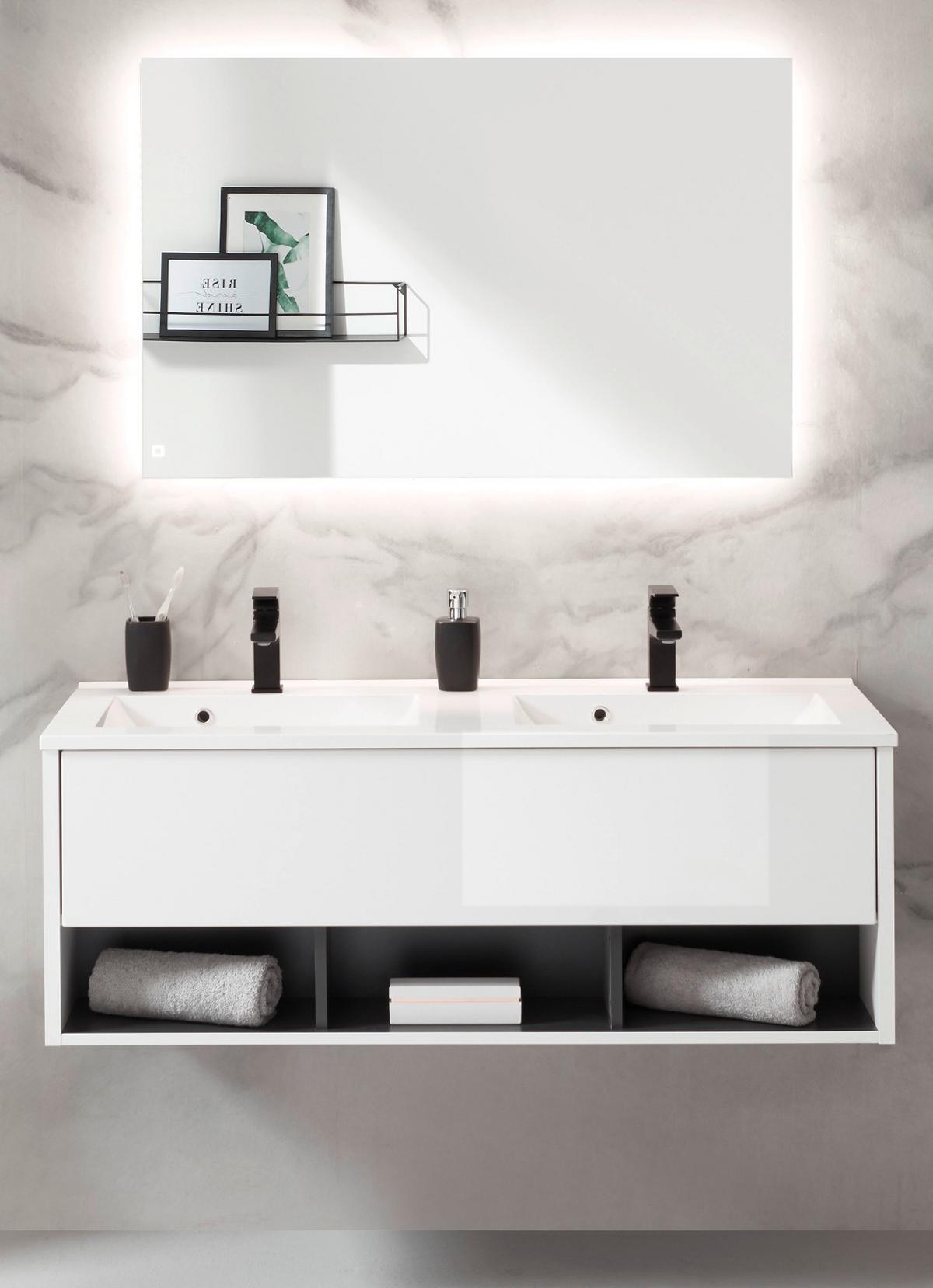 BADMÖBEL-SET 2-teilig 120 cm weiß Hochglanz, grau mit Doppel-Waschbecken - Weiß Hochglanz/Grau, Glas/Holzwerkstoff (120/190/47cm) - Furn.Design