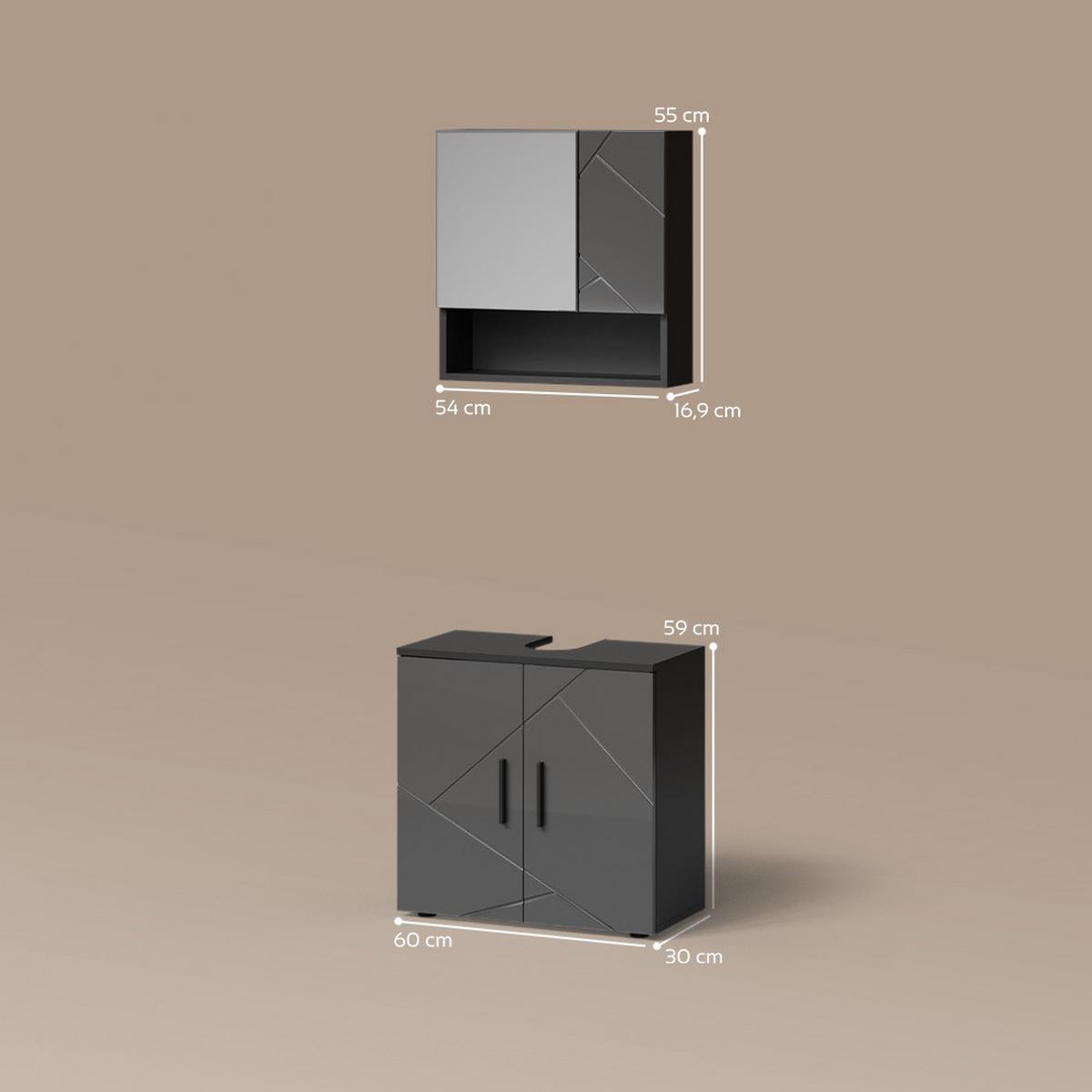 BADMÖBEL-SET Ronco Anthrazit Hochglanz 2 Teile, Unterschrank 60 cm - Schwarz Hochglanz, Holzwerkstoff (60/81/30cm) - Livinity®