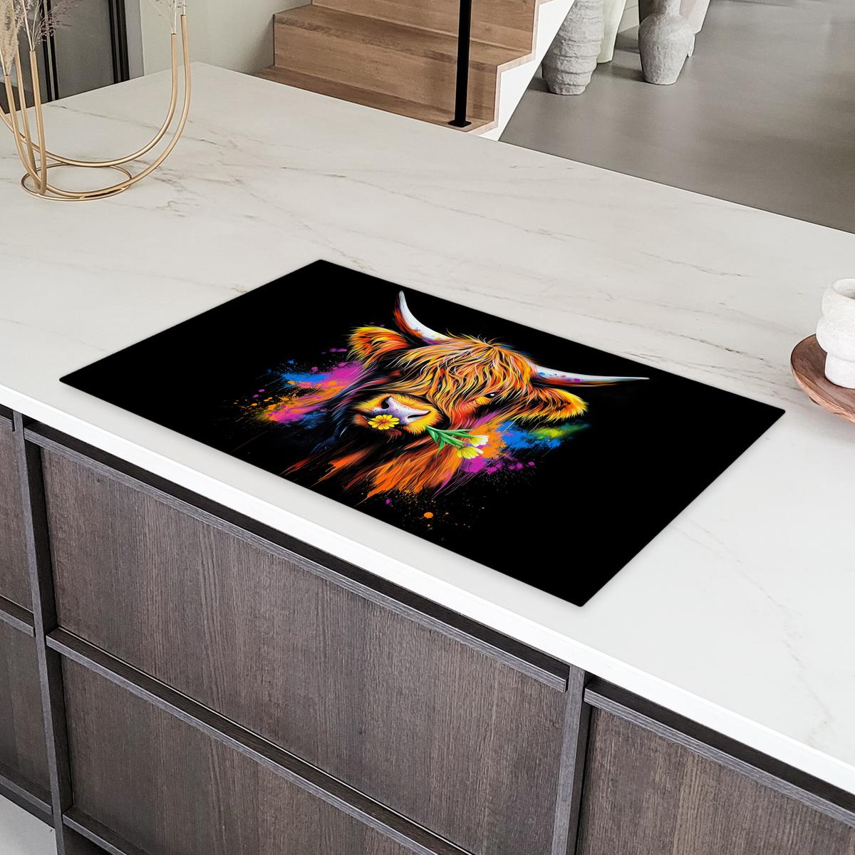 HERDABDECKPLATTE Schottischer Highlander - Graffiti - Bunt - Blume - Tiere Induktionsschutz 91.6x52.7 cm - Multicolor, Kunststoff (91.6/52.7/0.2cm) - MuchoWow
