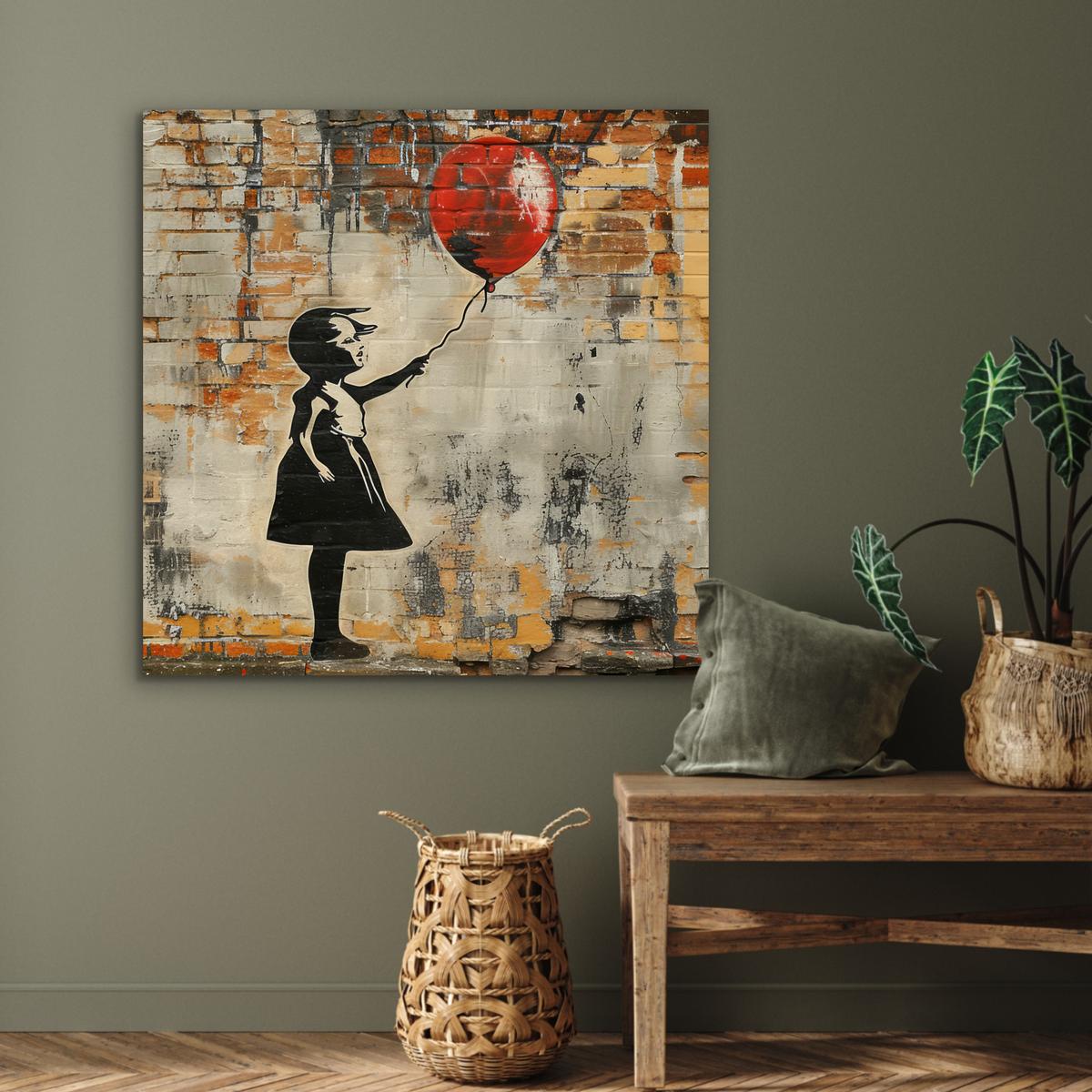 METALLBILD Graffiti - Banksy - Mädchen - Straßenkunst 90x90 cm - Sandfarben, Metall (90/90cm) - MuchoWow