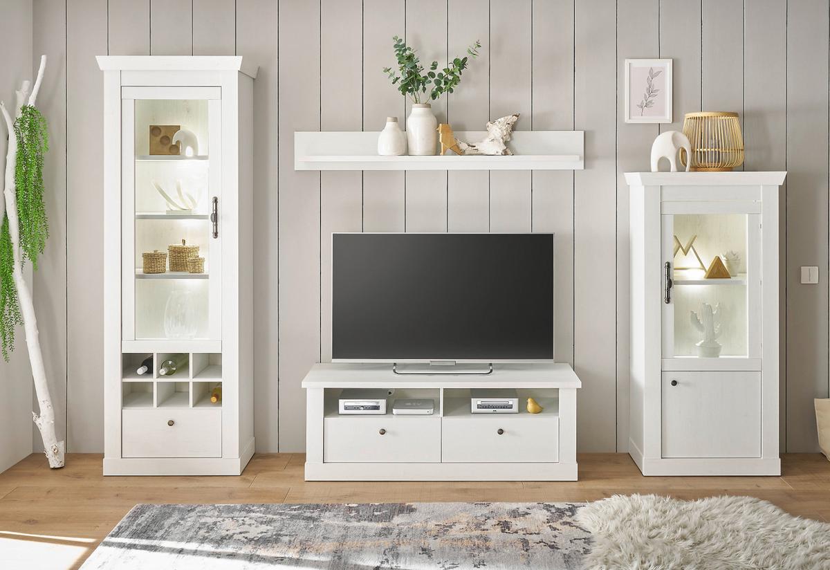 WOHNWAND weiß Pinie Landhaus, Wohnkombination 4-teilig, Soft-Close-Funktion - Weiß, Holzwerkstoff/Kunststoff (299/201/45cm) - Furn.Design