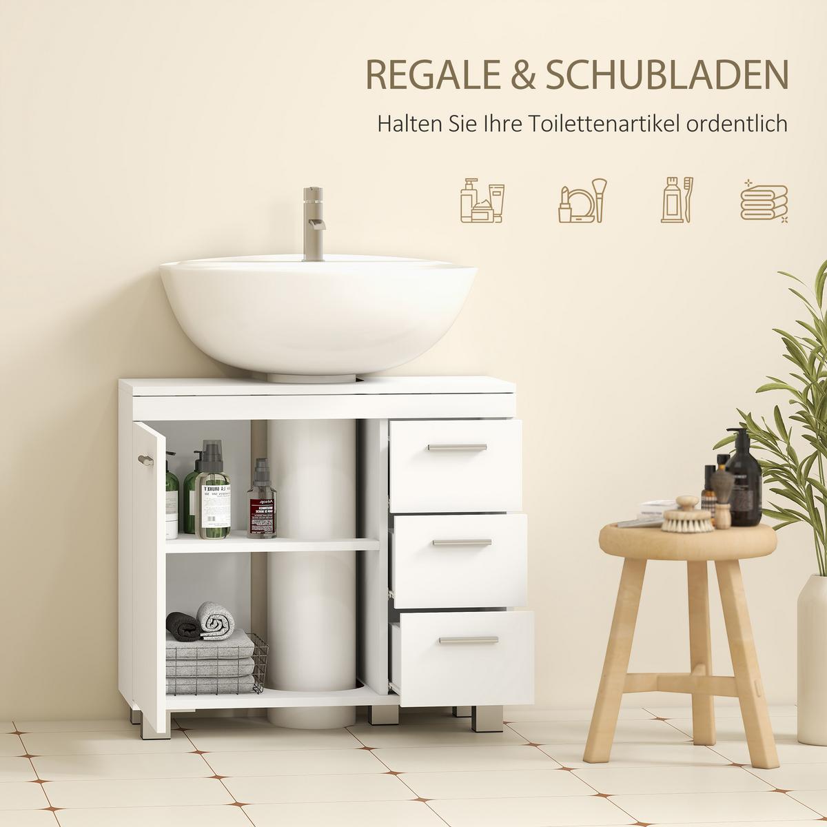 WASCHBECKENUNTERSCHRANK MDF Weiß - Silberfarben/Weiß, Holzwerkstoff/Kunststoff (30/64/70cm) - HOMCOM