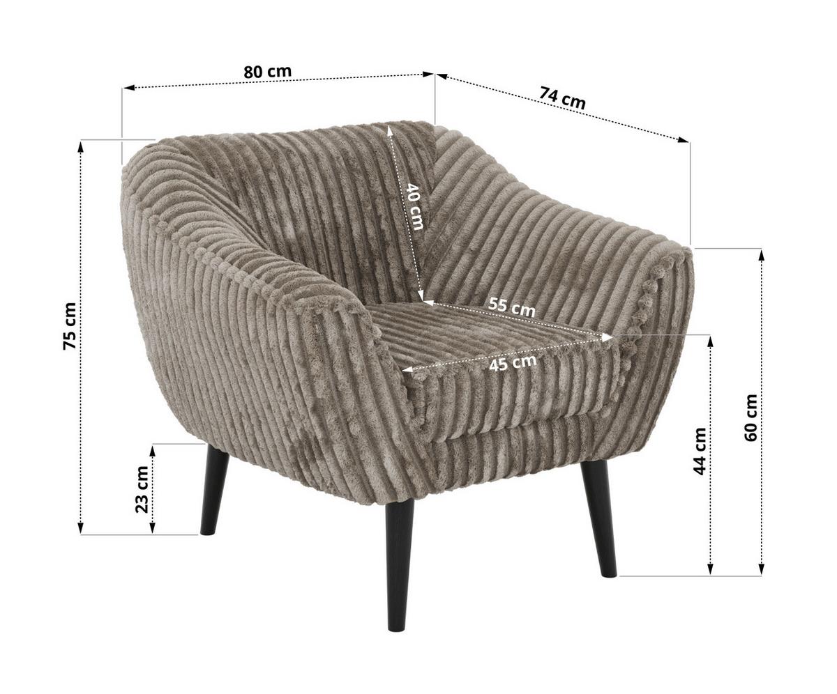 SESSEL PIRS - Hellbraun Cord - Schwarze Beine - Hellbraun/Schwarz, Holzwerkstoff/Textil (80/75/74cm) - MKS
