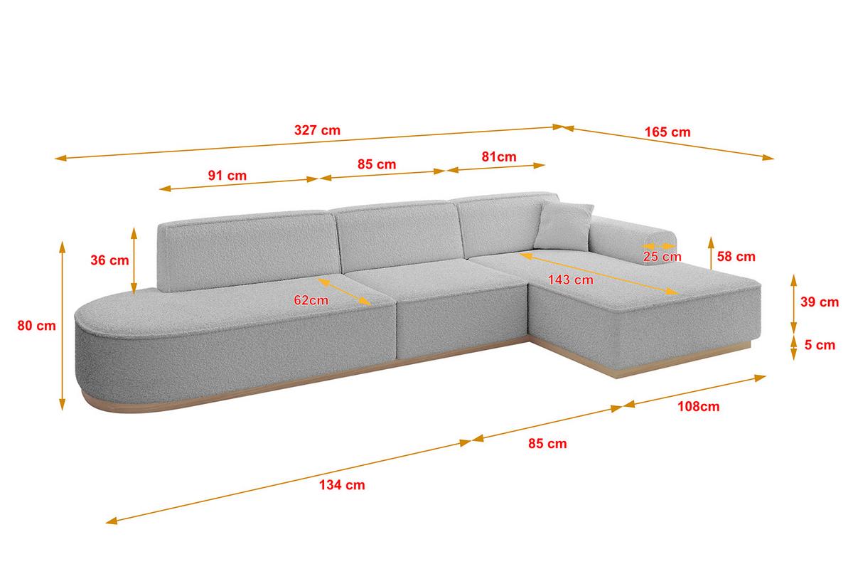 ECKSOFA Ottomane Rechts IREA-L2 - 327x165x80 cm Hellgrau - Hellgrau, Holzwerkstoff/Textil (327/165cm) - ALTDECOR