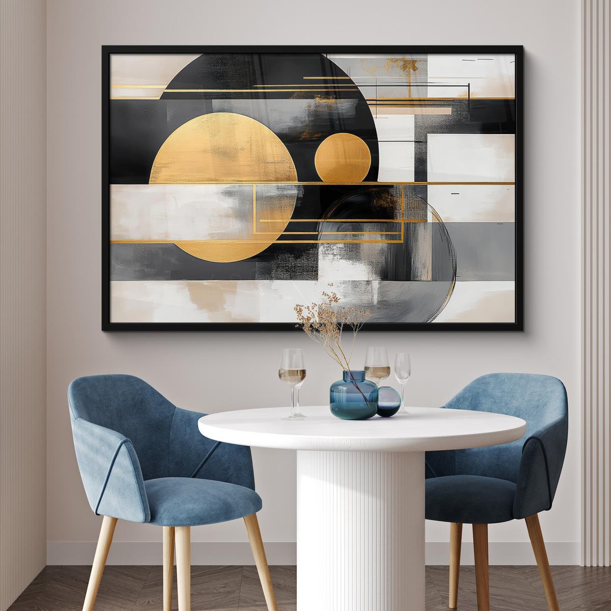 POSTER MIT RAHMENGERAHMTES BILD Abstrakt - Gold - Silber - Formen - Ästhetisch - Modern 120x80 cm - Goldfarben, Papier (120/80cm) - MuchoWow