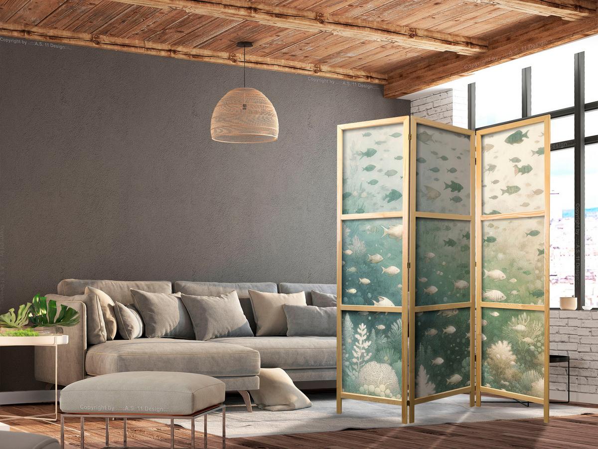 PARAVENT Japanischer 3-tlg 135x172 cm Fische und Meerespflanzen - Grün, Holz/Textil (135/172/3cm) - Muralo