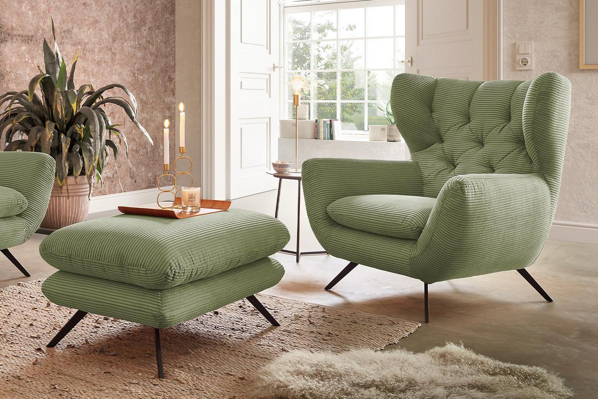 SESSEL CHARME Grün Cord - Schwarz/Olivgrün, Textil/Metall (100/106/95cm) - KAWOLA