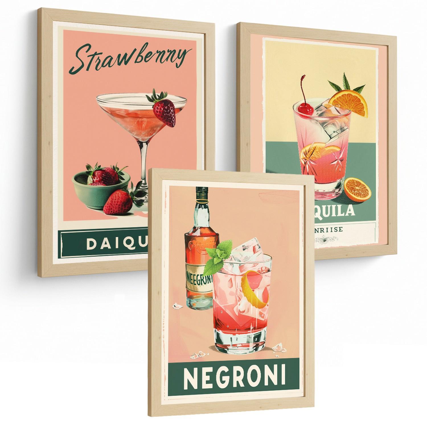 POSTER 3er Set Cocktail-Wandbilder Daiquiri Tequila Sunrise und Negroni Vintage Küche Bar Deko Leichter Holzrahmen A4 - Beige, Papier (29.7/1/21cm) - Nacnic