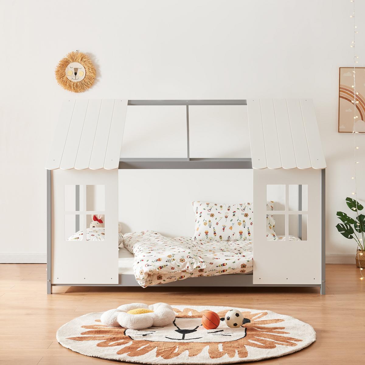 HAUSBETT Tostedt - Weiß/Grau, Holz/Holzwerkstoff (140/200cm) - [en.casa]