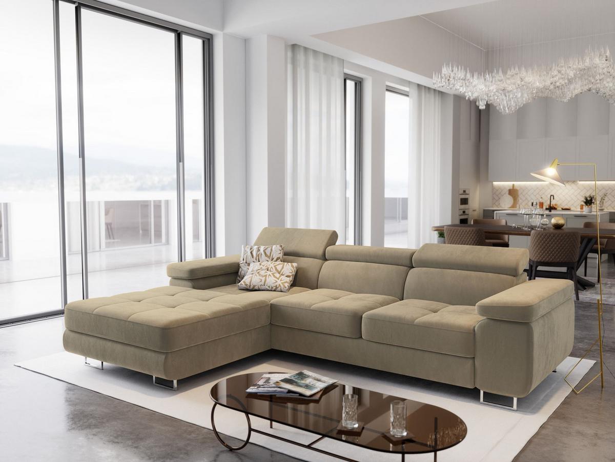 ECKSOFA ELMA L-S Creme Velours-Stoff mit Schlaffunktion - Silberfarben/Creme, Holz/Textil (280/205cm) - MASSENO
