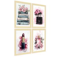 POSTER Set mit 4 Schminke, Schönheitsblumen, Tasche, Parfüm, Lippenstift A3 Rahmen aus hellem Holz - Beige, Papier (29.7/3cm) - Nacnic