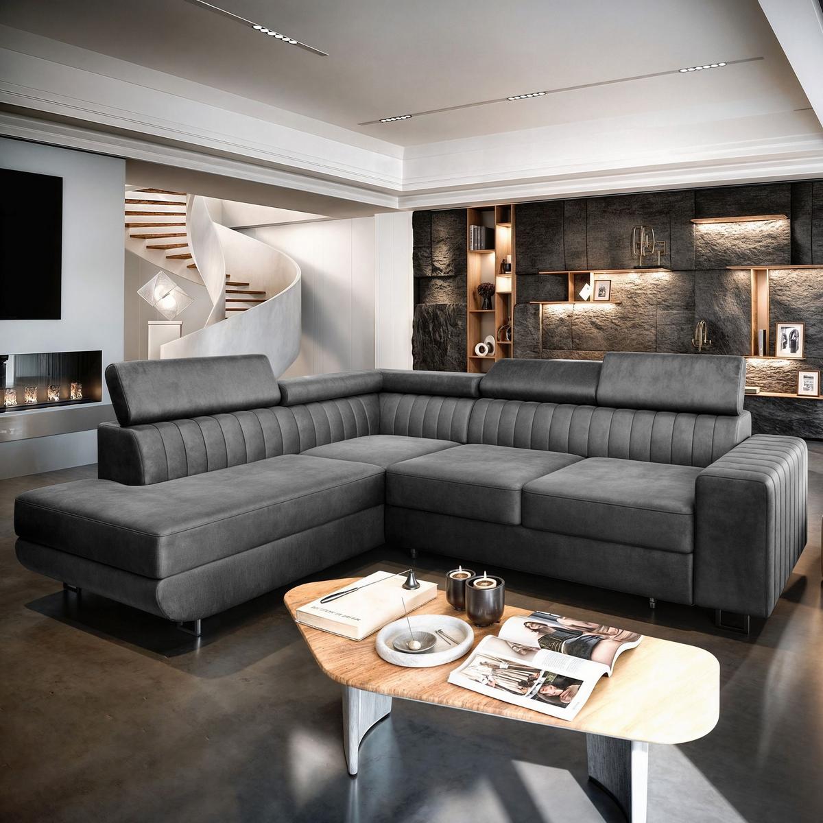 ECKSOFA NOLA L-S Grau Velours-Stoff mit Schlaffunktion - Silberfarben/Grau, Holz/Textil (253/190cm) - MASSENO