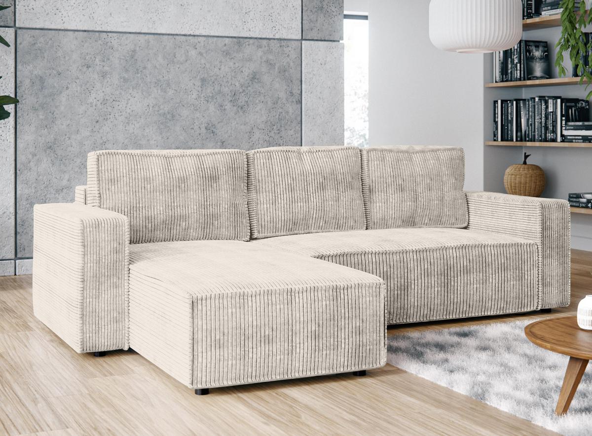 ECKSOFA L Form Aydin Creme 258/169/85 cm Cord Universal mit Schlaffunktion - Creme/Schwarz, Kunststoff/Textil (258/169cm) - AX Living