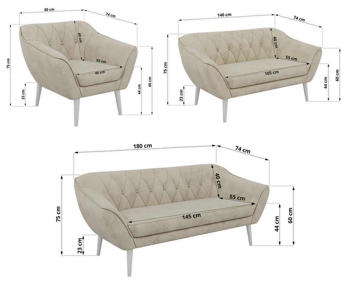 SITZGARNITUR PIRS 3+2+1 - Beige Velvet - Weiße Beine - Beige/Weiß, Holzwerkstoff/Textil (180/75/74cm) - MKS