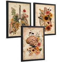 POSTER Set aus 3 Anatomie Mensch Florale Drucke und Wandbilder mit Lungen Brustkorb und Gehirn Botanischer Antiker Stil Größe Schwarzer Rahmen A4 - Schwarz, Papier (21/29.7/3cm) - Nacnic