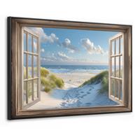 LEINWAND Bilder mit Rahmen - Aussicht - Strand - Fenster - Dünen - Meer - 120x80 - Hellblau, Textil (120/80cm) - MuchoWow