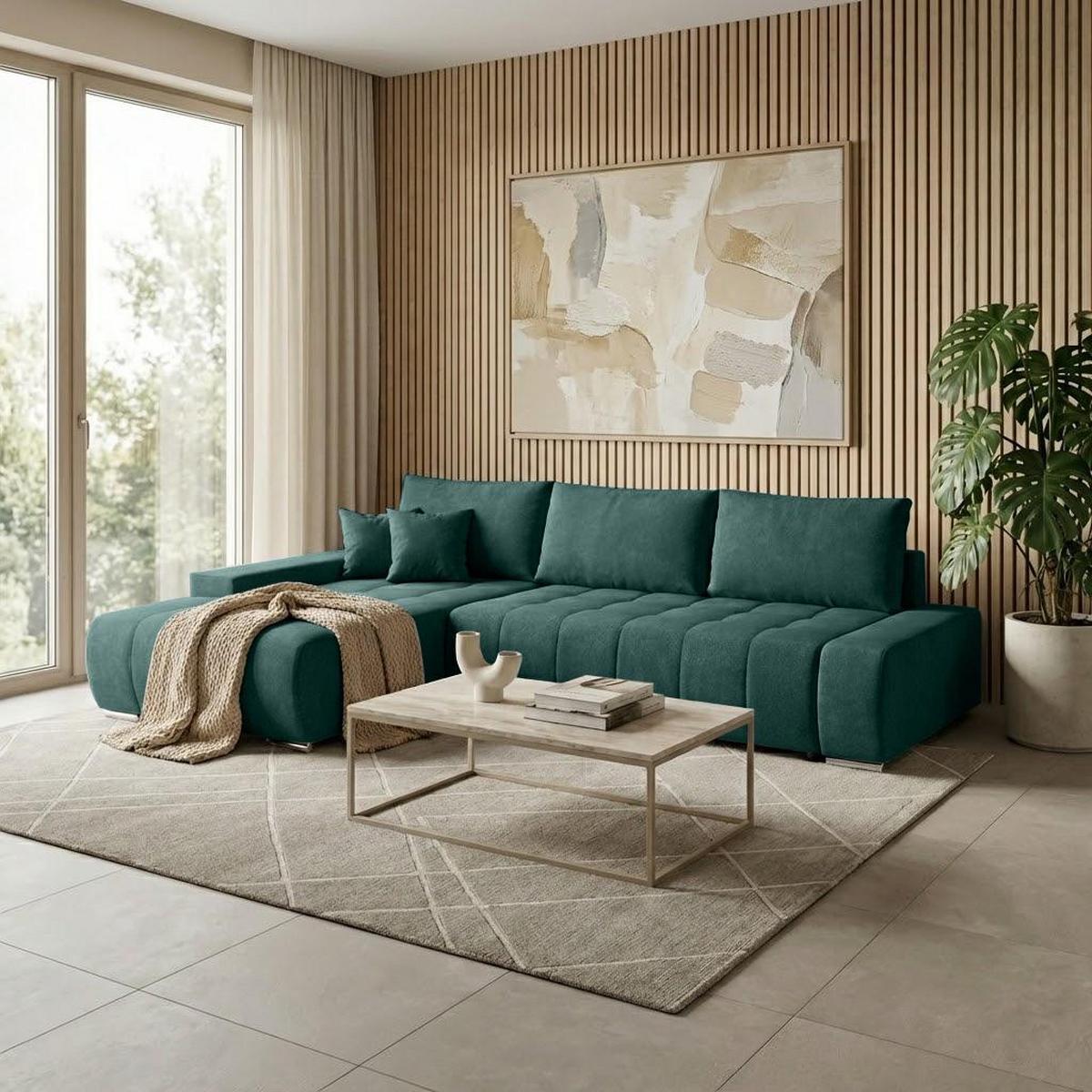 ECKSCHLAFSOFA Draco mit Schlaffunktion, links, Grün - Silberfarben/Grün, Textil/Metall (267/186cm) - Beautysofa