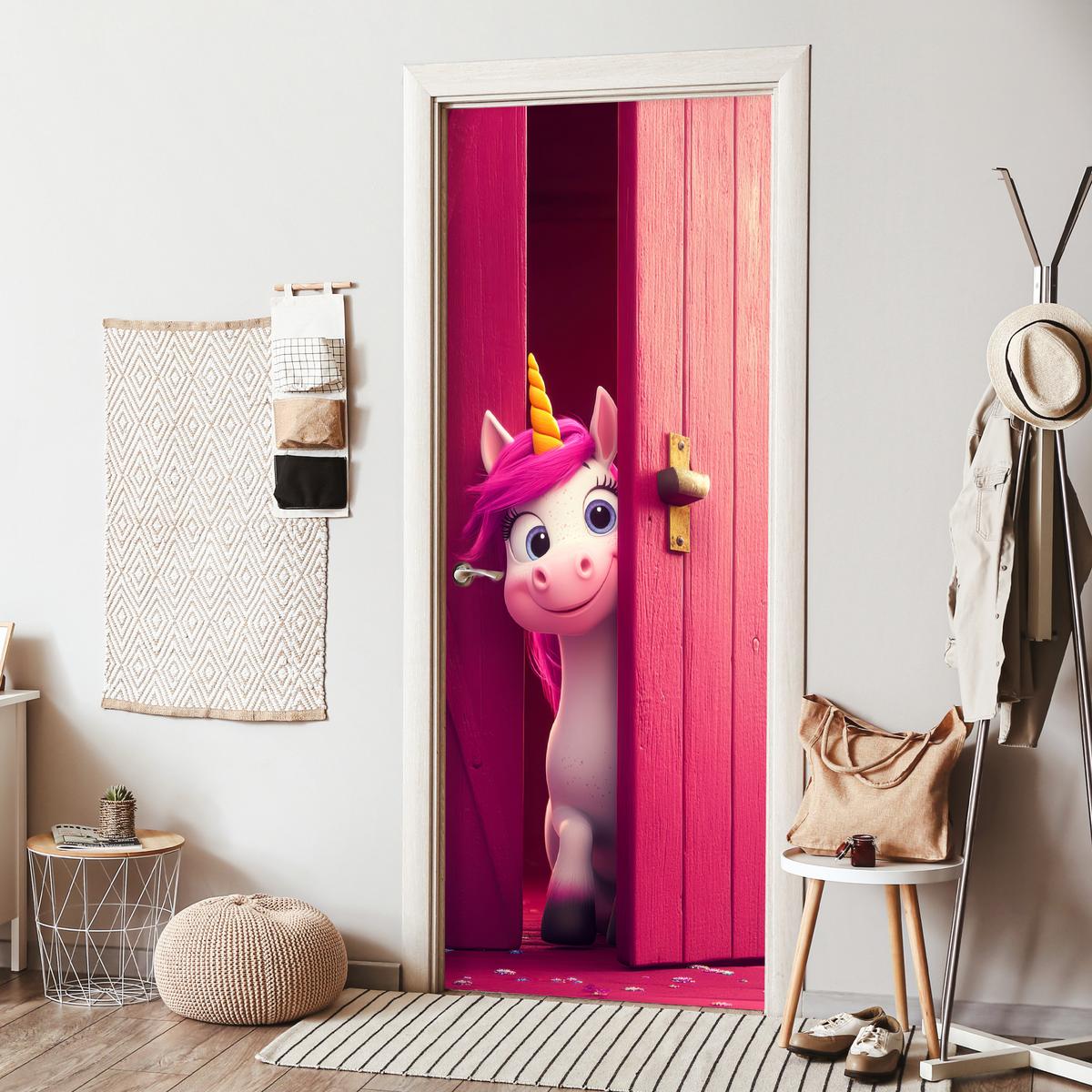 TÜRAUFKLEBER Einhorn - Rosa - Tür - Fantasie 90x235 cm - Türtapete - Pink, Kunststoff (90/0.1cm) - MuchoWow