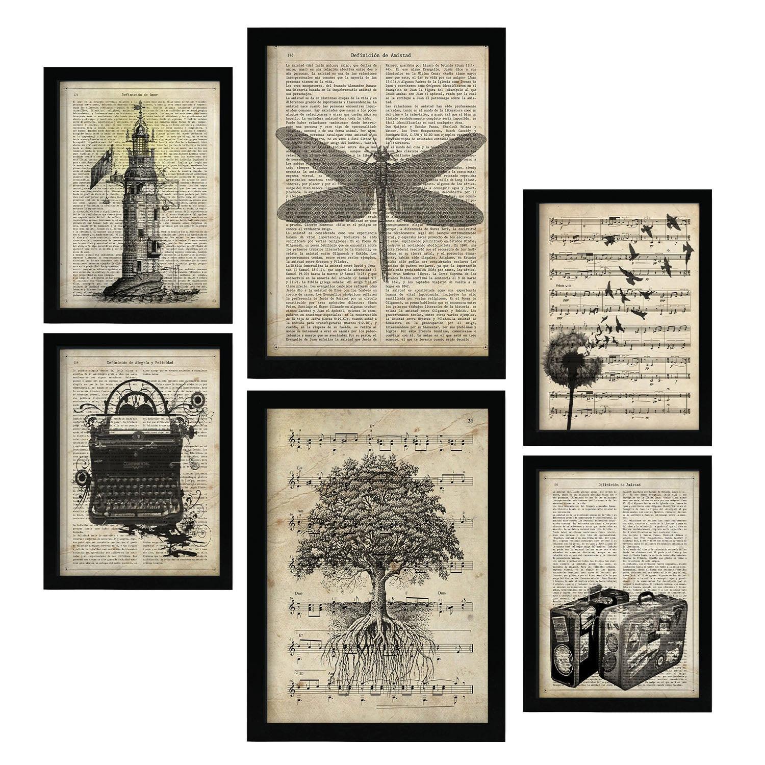 POSTER Set Mit 6 Vintage Zeichnungen Sepia Papier Plakate Im Retro Mit Natur & Reisethemen Über Enzyklopädie Hintergründen A3 & A4 Schwarzer Rahmen - Schwarz, Papier (29/3cm) - Nacnic