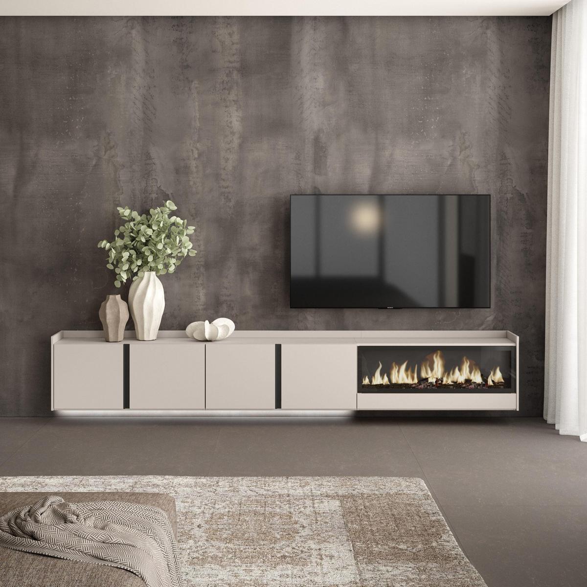 LOWBOARD, Beige, 315/35/50cm, Kamin mit Feuereffekt XXL - Beige, Holzwerkstoff (315/50/35cm) - Skraut Home