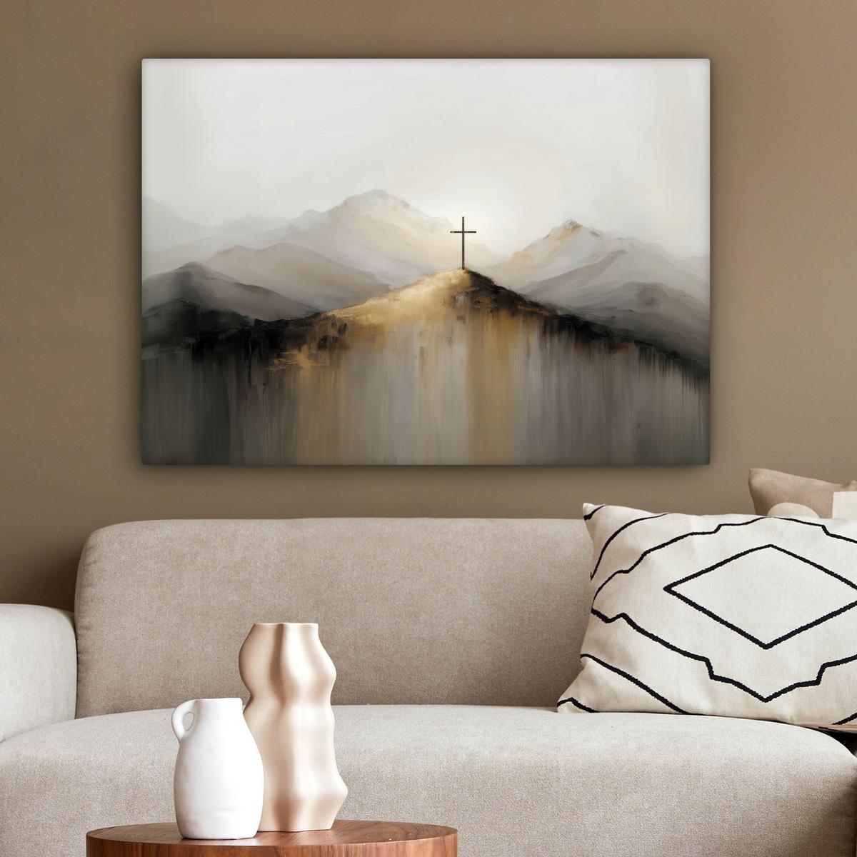 LEINWANDBILD Hügel - Abstrakt - Kreuz - Christentum Wandbilder 80x60 cm - Beige, Textil (80/60cm) - MuchoWow