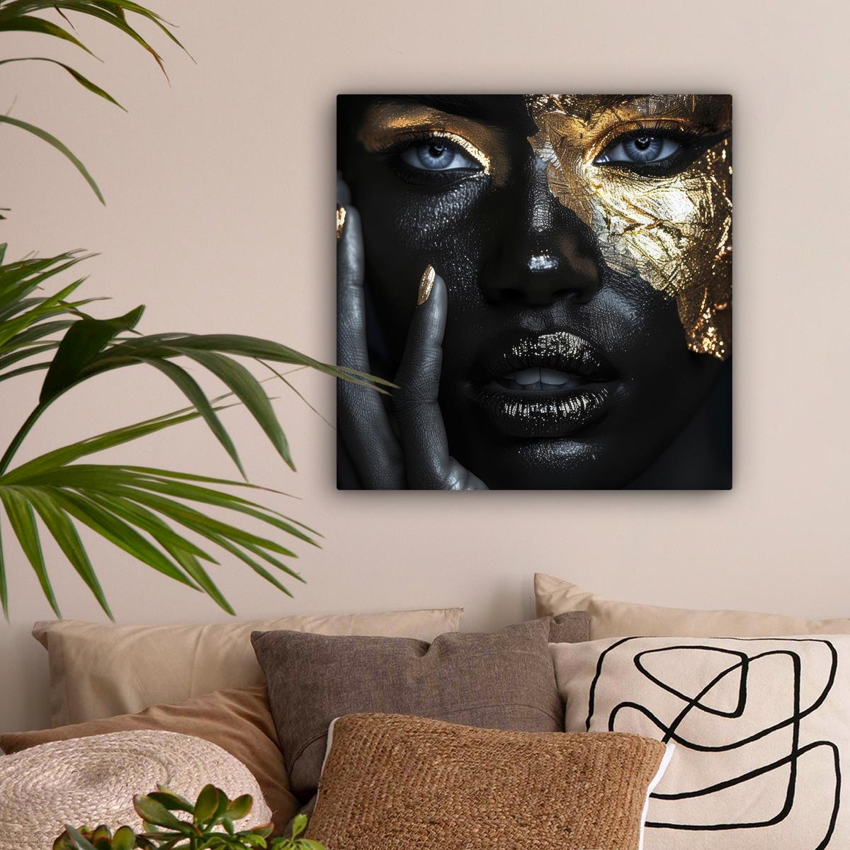 LEINWANDBILD Frau - Gold - Porträt - Schwarz-Weiß - Luxus Wandbild Wohnzimmer 50x50 cm - Hellblau, Textil (50/50cm) - MuchoWow