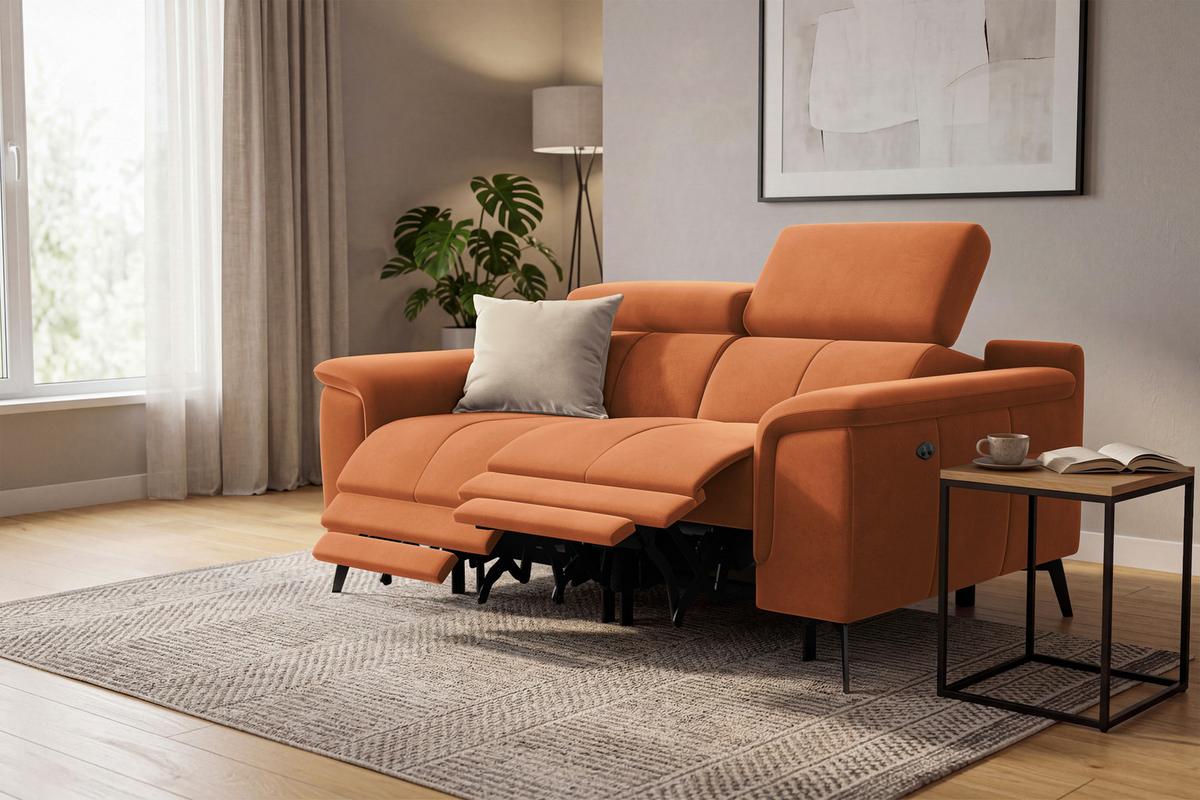 SOFA RELAX FIERO 2-Sitzer, Oranger Veloursstoff - Schwarz/Orange, Holz/Textil (170/82/103cm) - Courtois Laville