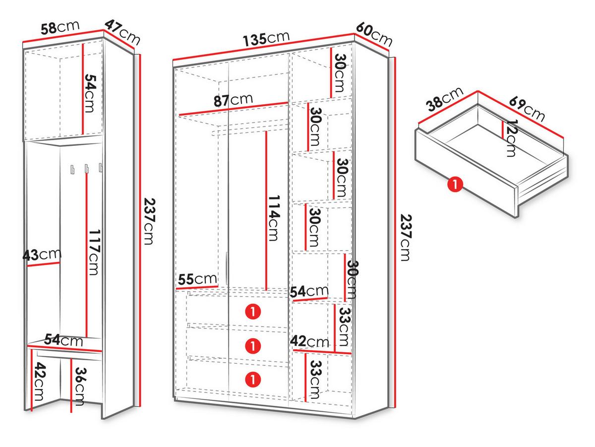 GARDEROBE-SET Soreno II - Eichefarben/Beige, Holzwerkstoff/Kunststoff (193/237/60cm) - MIRJAN24