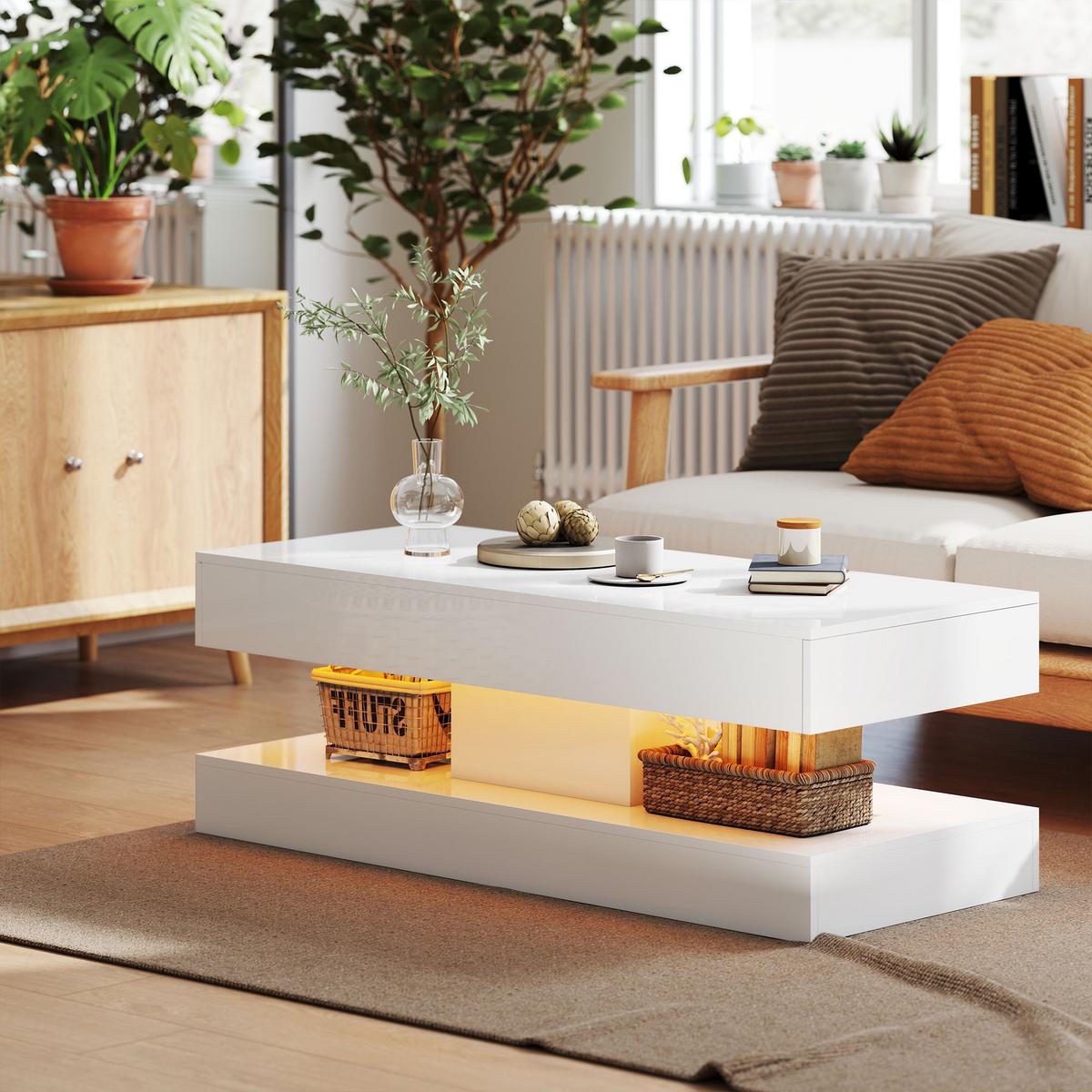 COUCHTISCH Wohnzimmertisch Hochglanz mit LED Beleuchtung, Stauraum Weiß - Weiß, Holzwerkstoff (120/50/42cm) - HOMCOM