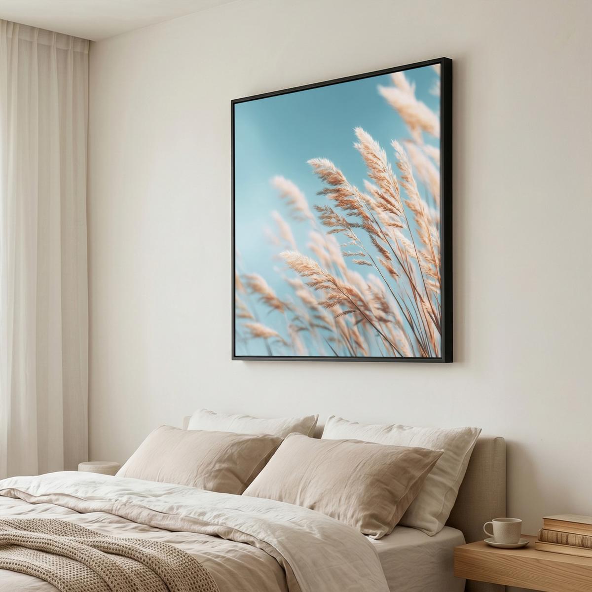 LEINWAND Bilder mit Rahmen - Ziergras - Wind - Hellbraun - 90x90 - Hellblau, Textil (90/90cm) - MuchoWow