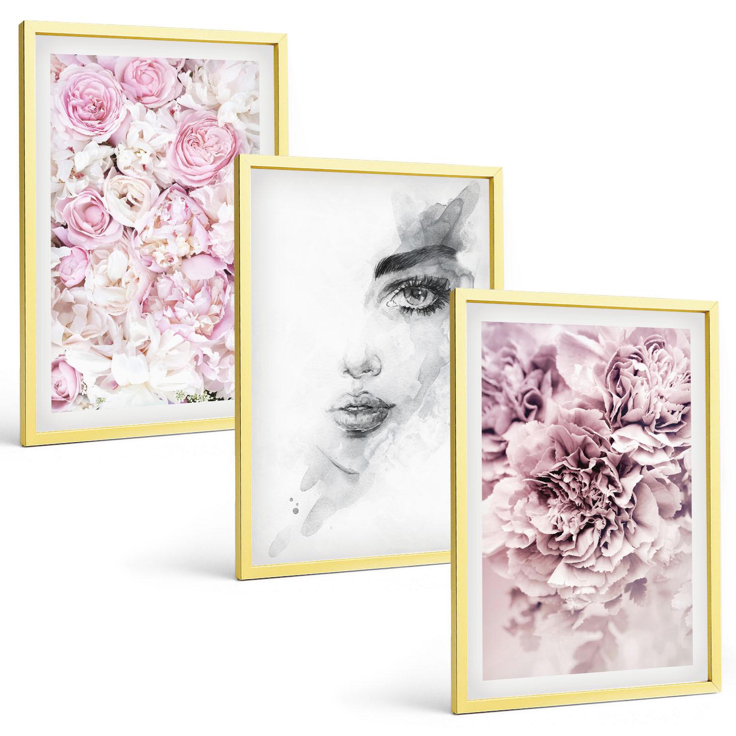 BILDER SET 3er Set - 40x60 cm Goldrahmen - Pfingstrosenporträt einer Frau in Schwarzweiß - Goldfarben, Kunststoff (40/60cm) - TULUP