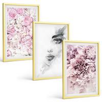 BILDER SET 3er Set - 40x60 cm Goldrahmen - Pfingstrosenporträt einer Frau in Schwarzweiß - Goldfarben, Kunststoff (40/60cm) - TULUP