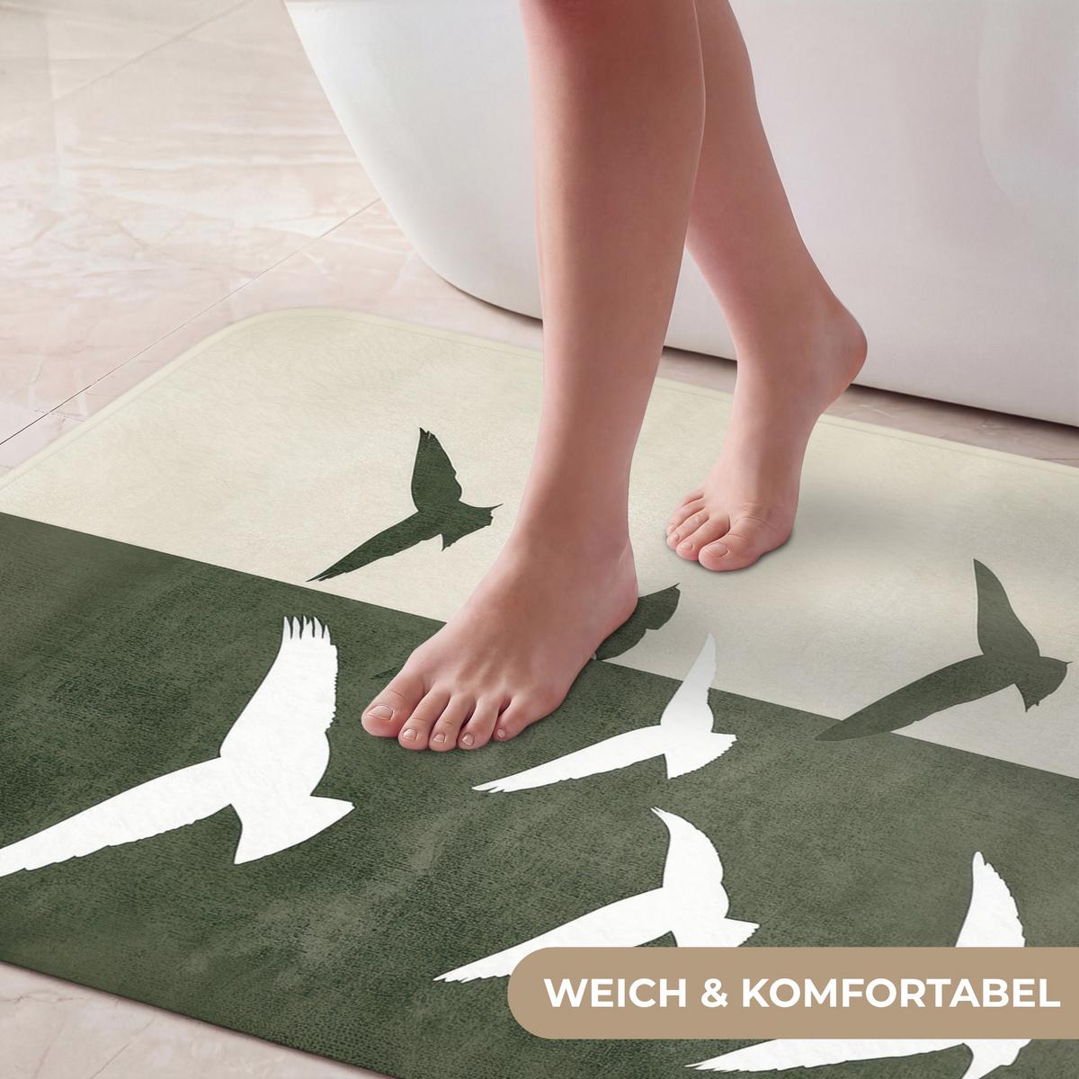 BADEMATTE Japandi - Vogel - Grün 60x90 cm - Olivgrün, Textil (60/90cm) - OnlyWow
