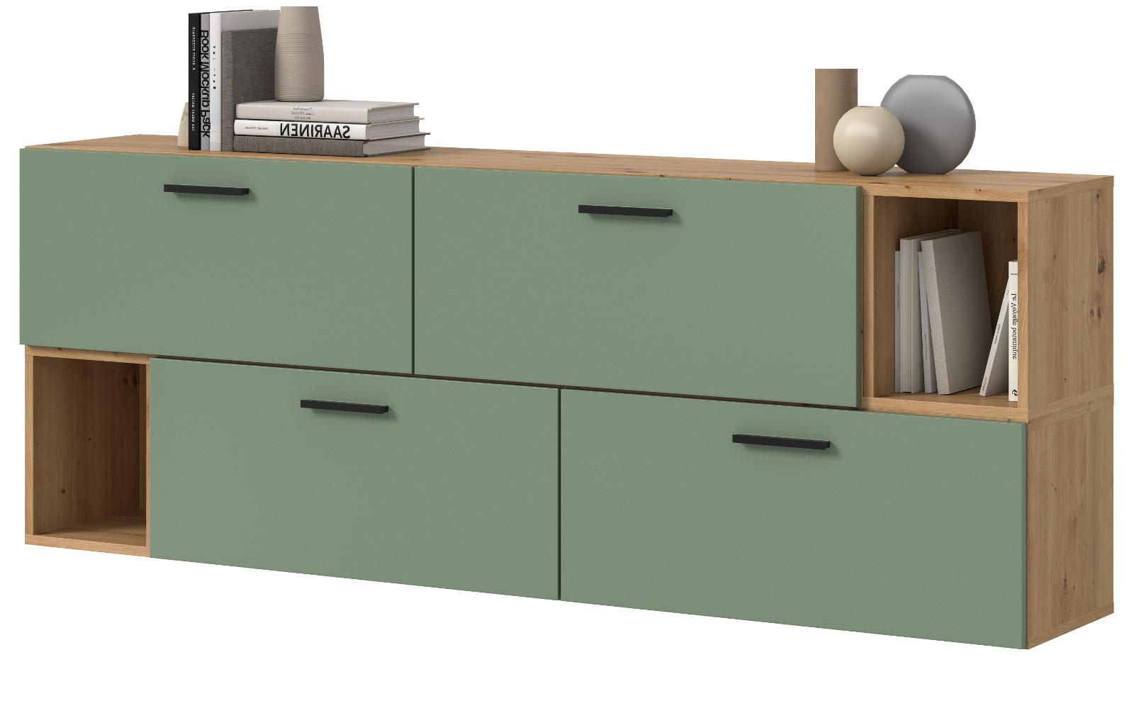 SIDEBOARD grün, Eiche Artisan 176 cm, Kommode hängend / stehend - Schwarz/Eiche Artisan, Holzwerkstoff/Kunststoff (176/65/34cm) - Inn.Furn