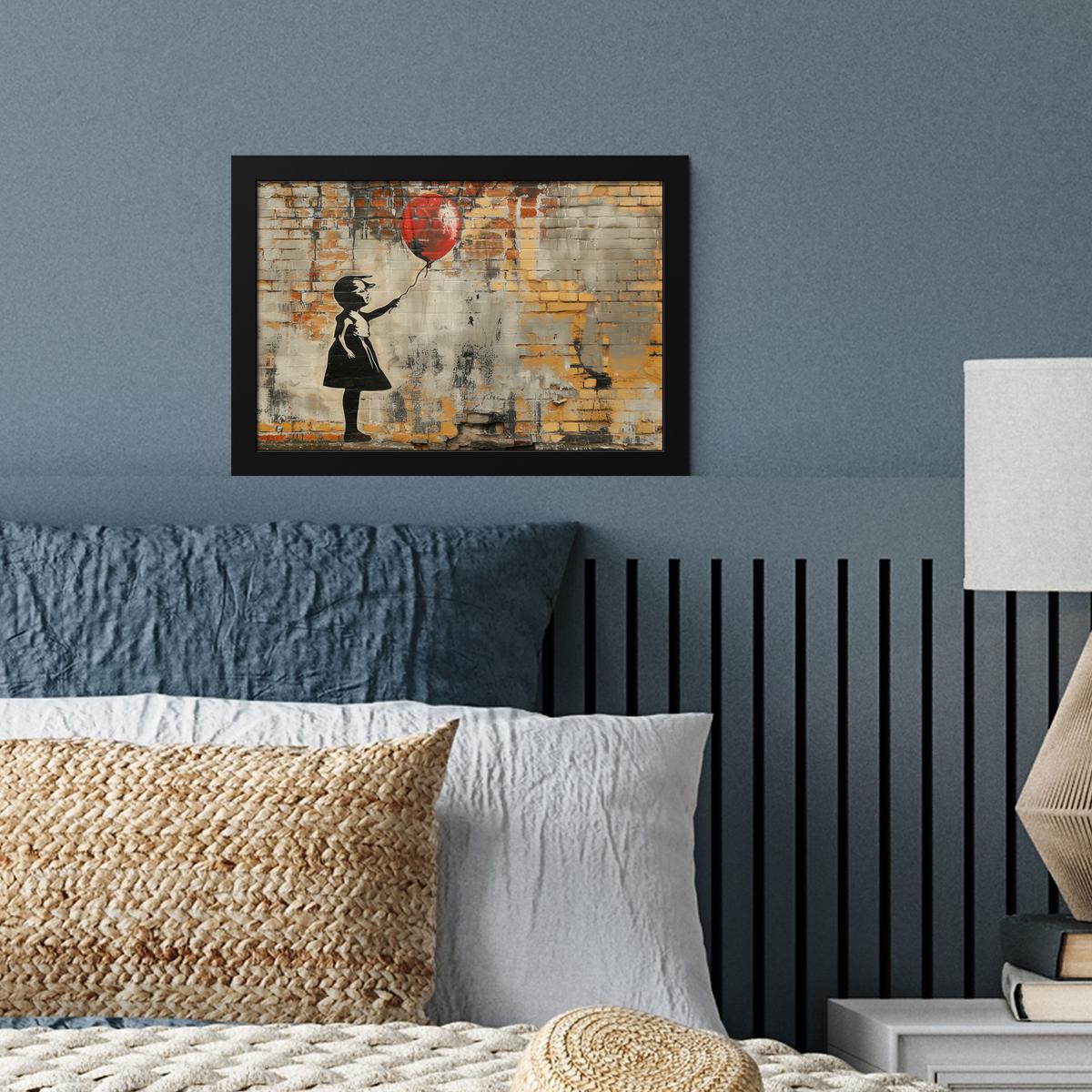 POSTER MIT RAHMENGERAHMTES BILD Graffiti - Banksy - Mädchen - Straßenkunst 30x20 cm - Sandfarben, Papier (30/20cm) - MuchoWow