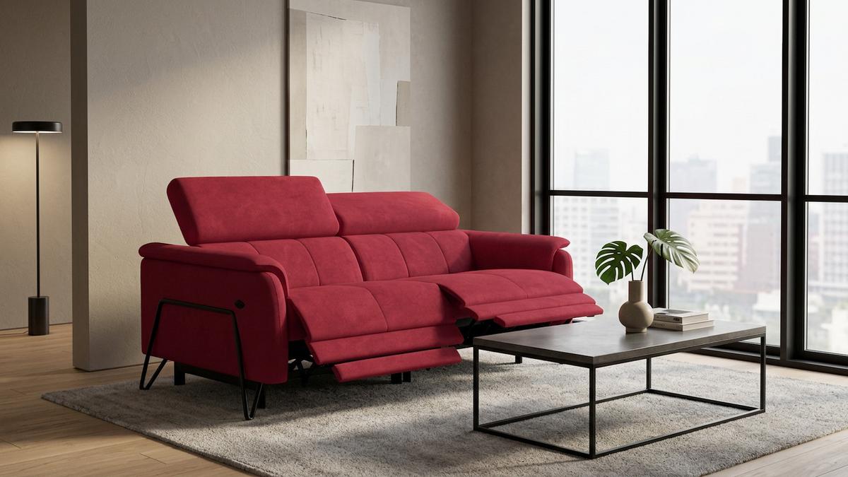 RELAXSOFA RODEN 3-Sitzer mit 2 Relax, rostrot, Veloursstoff - Rot, Holz/Textil (194/82/103cm) - Wozimo
