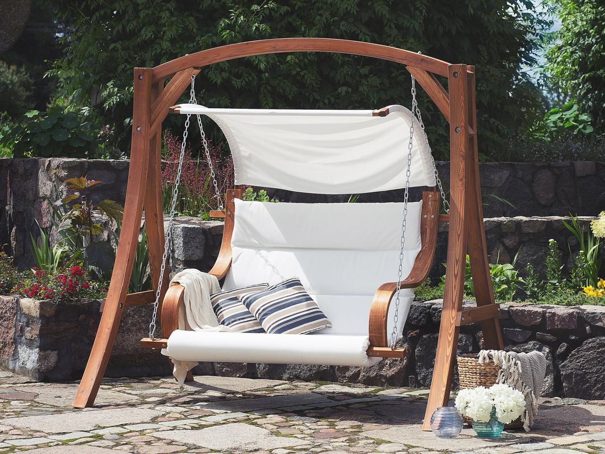 GARTENSCHAUKEL Lärchenholz dunkelbraun Sonnendach beige Aprilia - Dunkelbraun, Textil (202/200/120cm) - Beliani