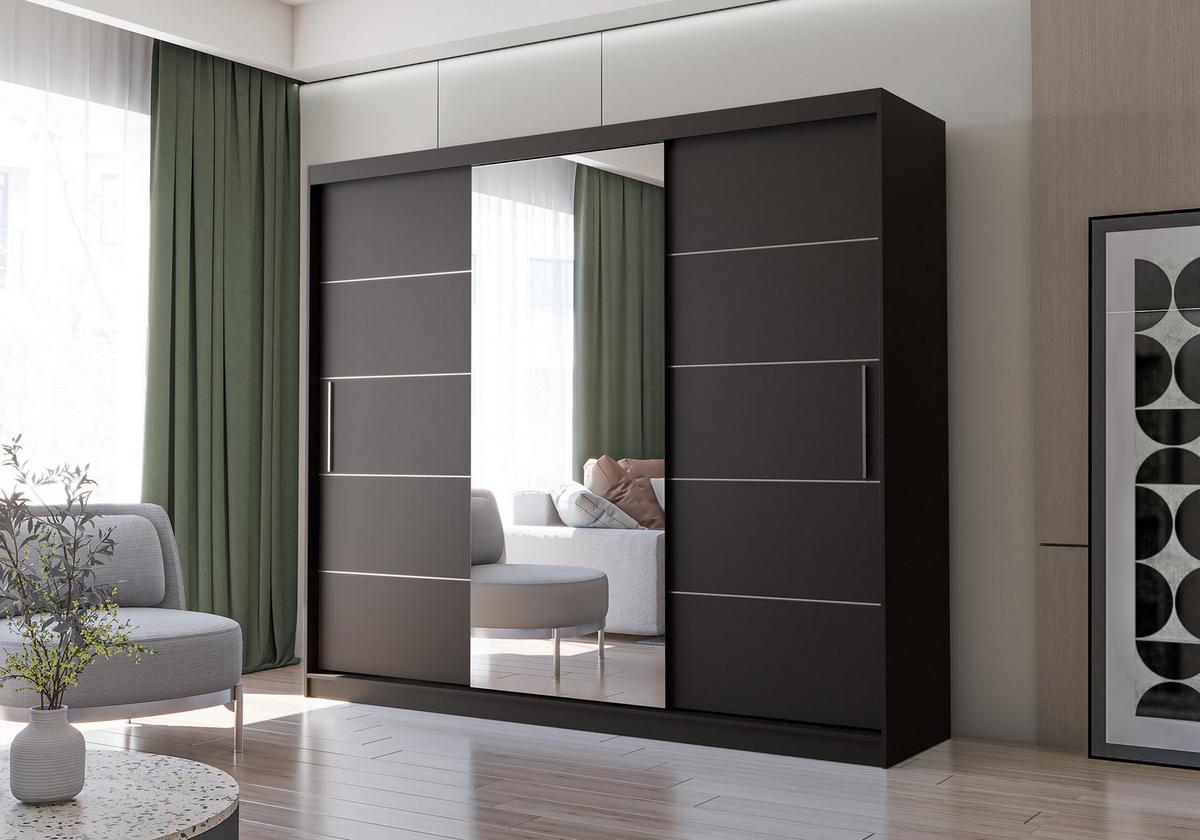SCHWEBETÜRENSCHRANK Alba Schwarz/Schwarz + Spiegel, ohne LED Beleuchtung 250 cm - Schwarz/Alufarben, Glas/Holzwerkstoff (250/218/61cm) - imoebel24