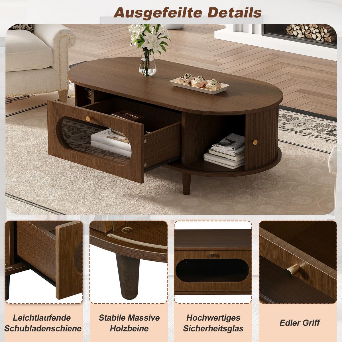 COUCHTISCH walnuss rolltür schublade stauraum - Walnussfarben, Holzwerkstoff (50/100/36cm) - Urban Meuble
