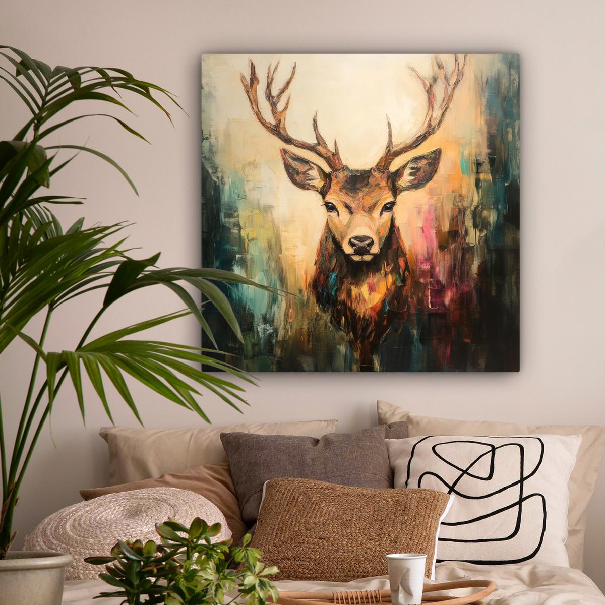 LEINWANDBILD Hirsch - Gemalt - Geweih - Braun Deko Groß 90x90 cm - Haselnussfarben, Textil (90/90cm) - MuchoWow