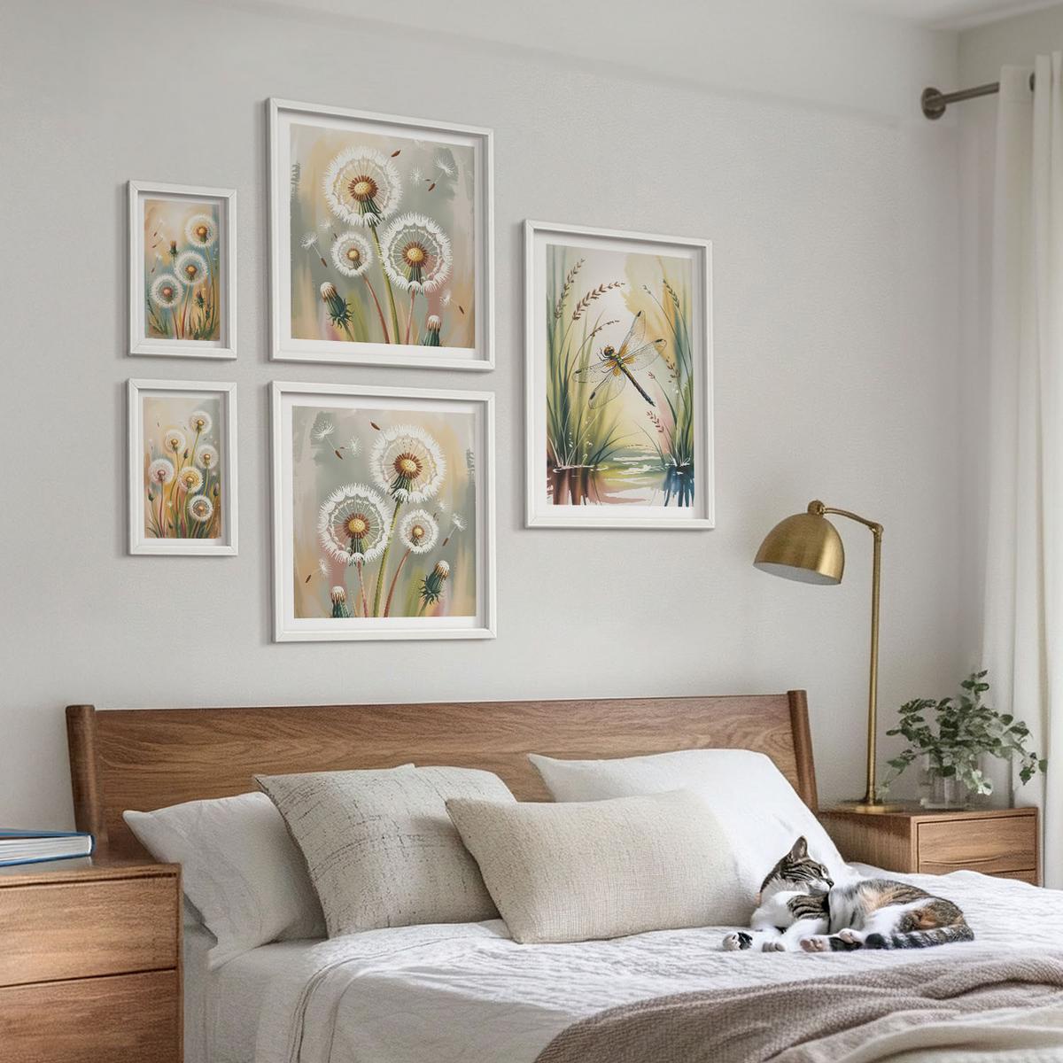 BILDER SET 5er Set - 50x50 cm & 20x30 cm & 40x60 cm Weißer Rahmen - Pastellfarbene Löwenzahnblüten - Weiß, Kunststoff (40/60cm) - TULUP