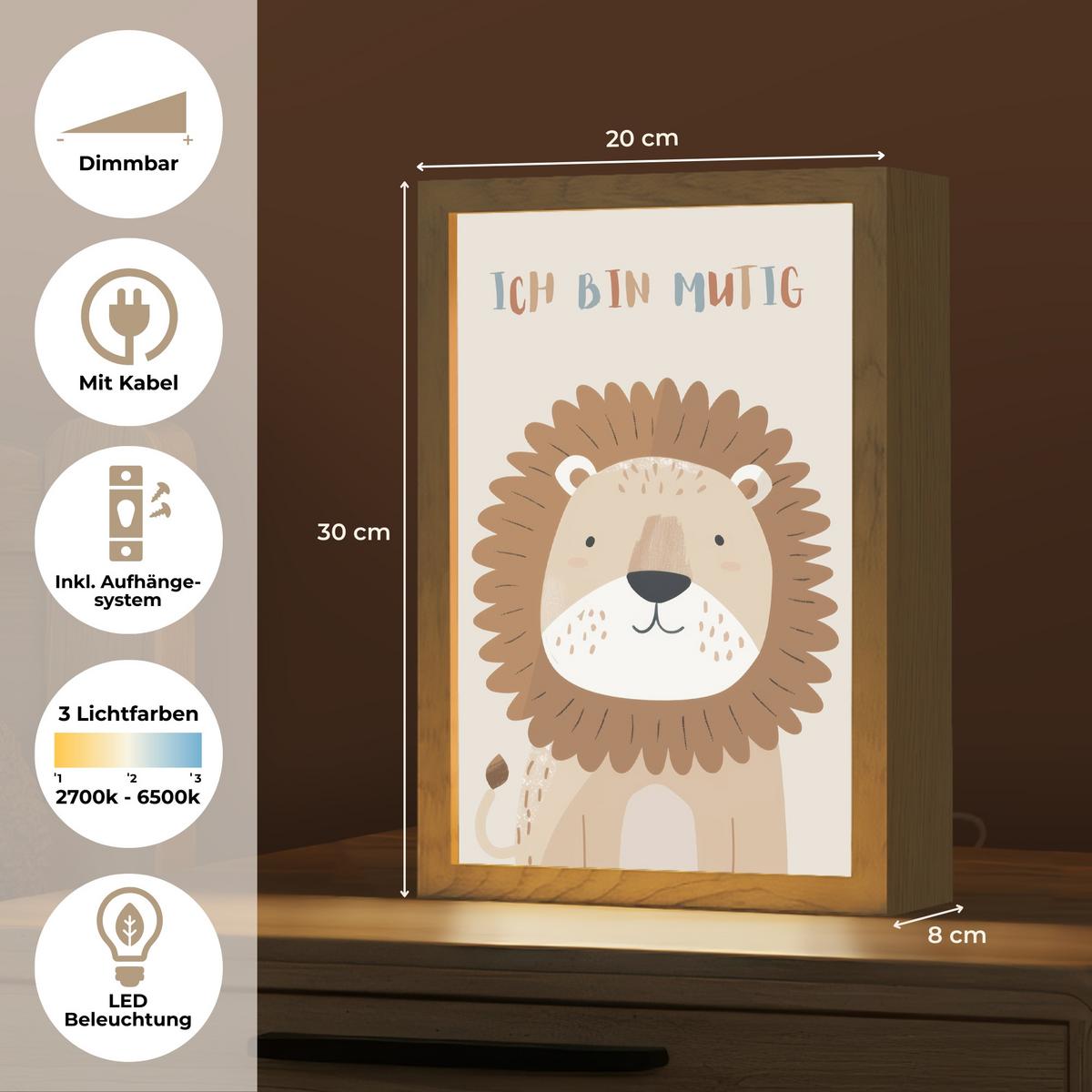 WANDLEUCHTE Löwe - Beige - Tier - Mutig - Zitat 20x30 cm - Beige, Holzwerkstoff (20/30/8cm) - OnlyWow