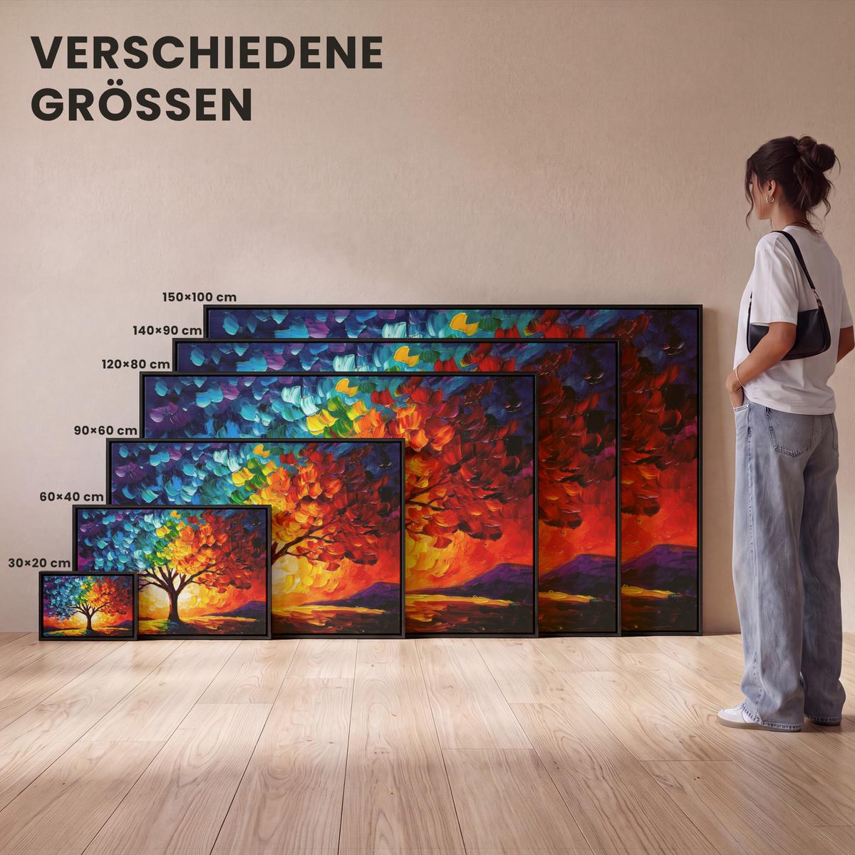 LEINWAND Bilder mit Rahmen - Baum - Kunst - Natur - Sonnenuntergang - 120x80 - Multicolor, Textil (120/80cm) - MuchoWow