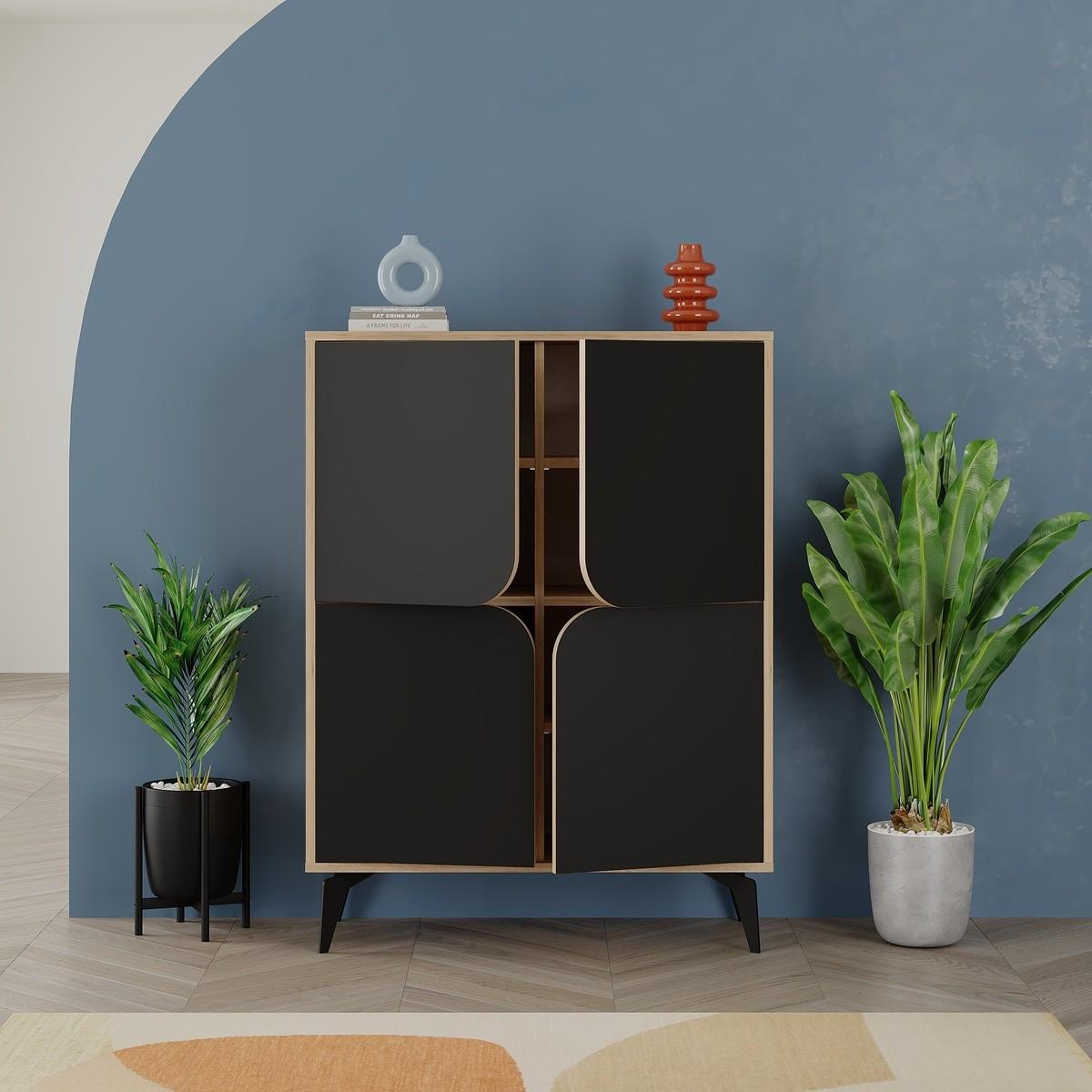 HIGHBOARD mit 4 Türen und Metallfüßen Flora - 90/38/120 cm - Schwarz, Holzwerkstoff (38/120/16cm) - Calicosy
