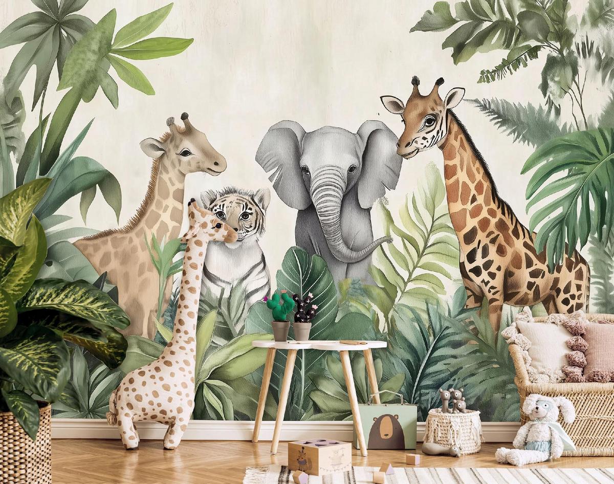 FOTOTAPETE Kinderzimmer Dschungel Tiere 200x140 - Multicolor, Papier (200/140cm) - Wallarena