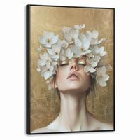 LEINWAND Bilder mit Rahmen - Gesicht - Blumen - Gold - Abstrakt - 50x70 - Goldfarben, Textil (50/70cm) - MuchoWow