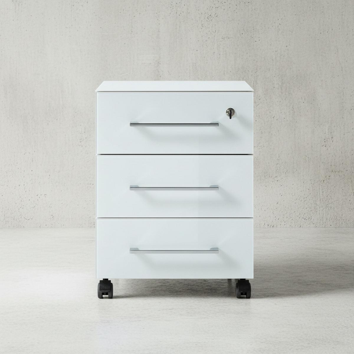 ROLLCONTAINER Glasfront 3 Schubladen Soft-Close & Abschließbar, Serie "Muenchen" Weiß - Weiß, Holzwerkstoff/Metall (40/55/50cm) - KADIMA DESIGN
