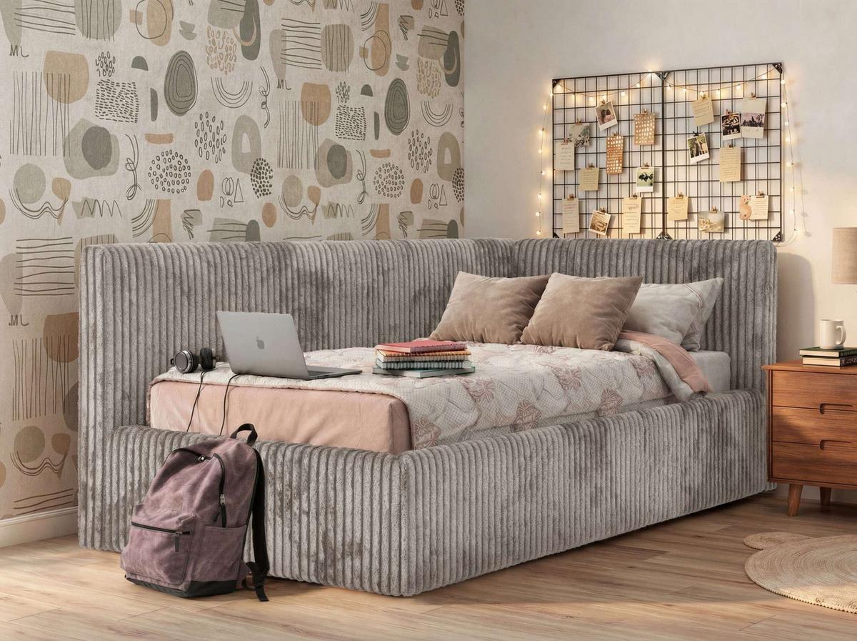 POLSTERBETT TILVO 90/200 - Hellbraun Cord - Multitaschenfederkernmatratze - Rechts - Hellbraun, Textil (200/90cm) - MKS